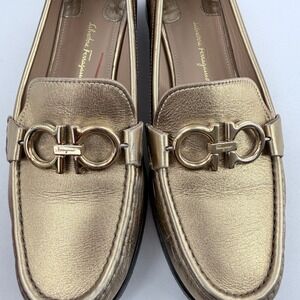 Salvatore Ferragamo Gold Leather Gancini Loafers Women